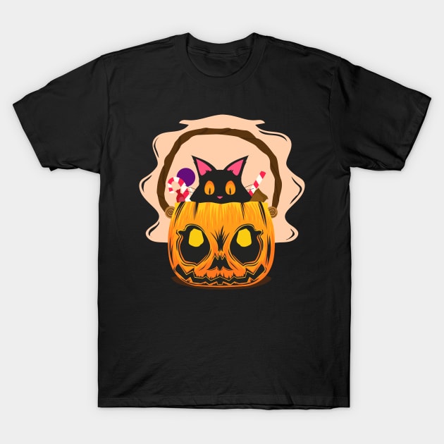 Cat in pumpkin with sweets on Halloween T-Shirt by Dizartico